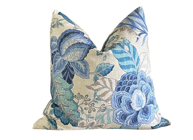 Selene Double Sided Pillow Cover 18x18, 20x20, 22x22, 24x24, 12x20, 12x22, 14x22 Jacobean Floral Throw Pillow Cover Duck Blues