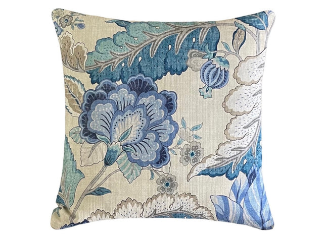 Selene Double Sided Pillow Cover 18x18, 20x20, 22x22, 24x24, 12x20, 12x22, 14x22 Jacobean Floral Throw Pillow Cover Duck Blues