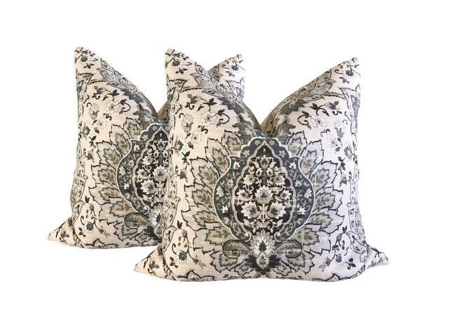 Set of 2 Linen Moroccan Throw Pillow Covers Richloom Cadogan Mica Floral 18x18 20x20 22x22 24x24 Floral Linen Honey and Blue Gray Moroccan