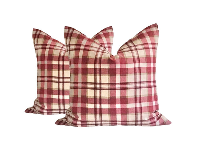 Set of 2 Throw Pillow Covers Ethan & Red 18x18 20x20 22x22 24x24 Beige and Red or Blue Pillow Covers Set of Two Pillow Covers Plaid Pillows